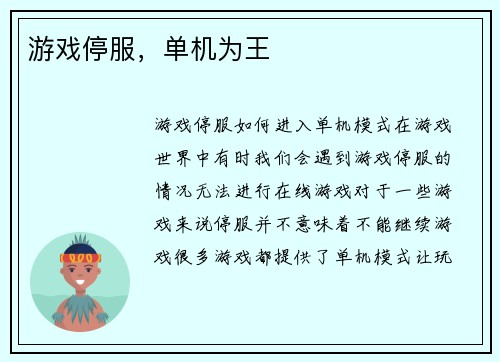 游戏停服，单机为王